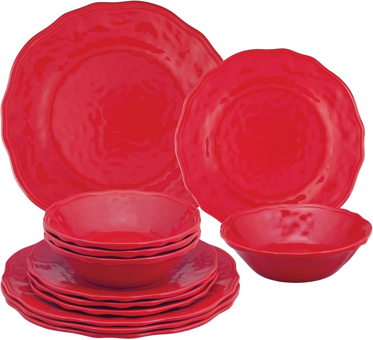 12-delige Melamine Servies Set Rood - Borden, Saladeschalen en Kommen voor 4 Personen