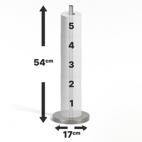 Zilveren toiletrolhouder met 5 rollen, 54 cm hoog en 17 cm breed.