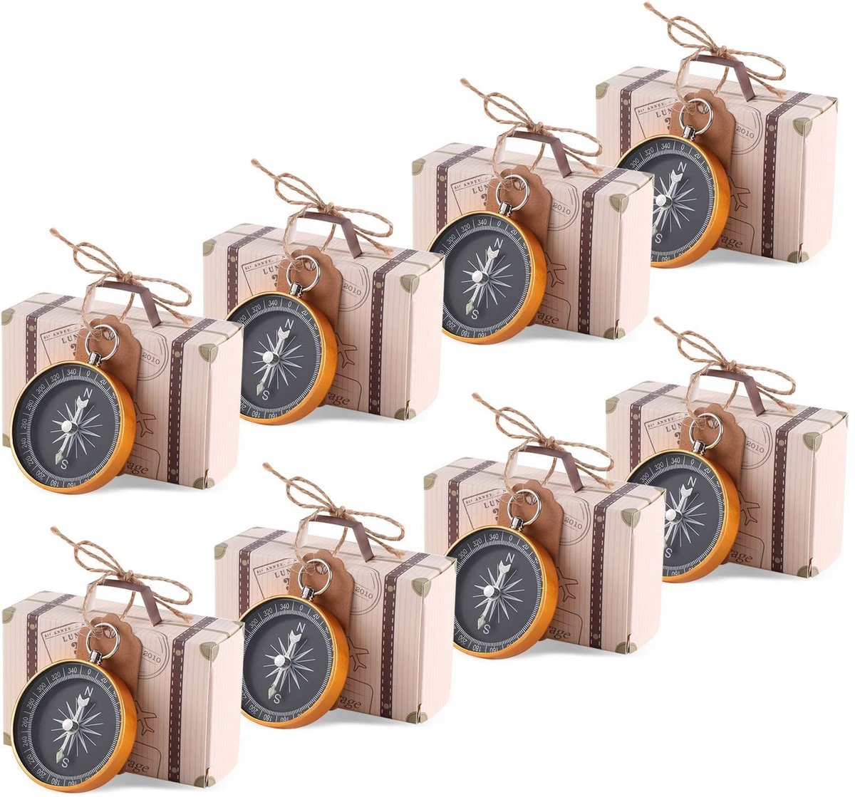 20 stuks Mini Koffer Bruiloft Gunst Doos set, doe-het-zelf wijnoogst Kraftpapier Snoepdoos met kompas, tags en jute koord Geschenkverpakkingsdoos voor verjaardagsfeest
