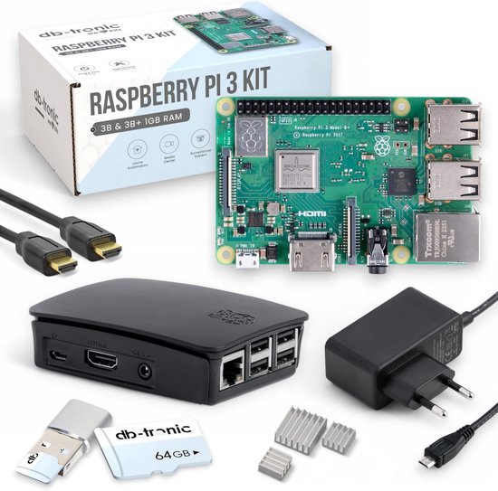 Voeding Raspberry Pi 4 Complete Starter Set Raspberry Pi 3 B+ met Voeding, Behuizing, 64GB SD ...