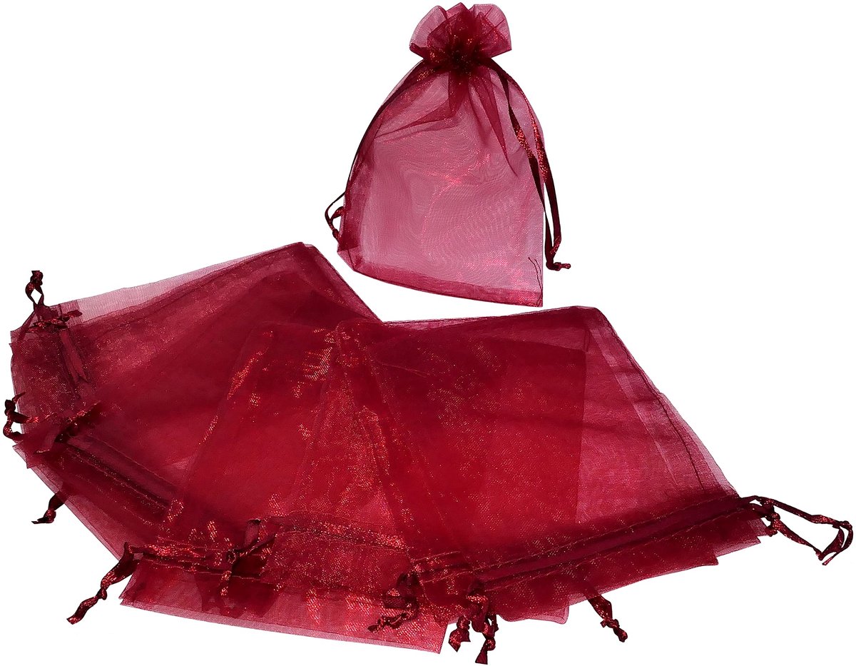 set van 10 tassen-tassen-geschenkzakjes van transparant organza-sieraden 100x120 mm - trekkoordsluiting - kleur wijnrood