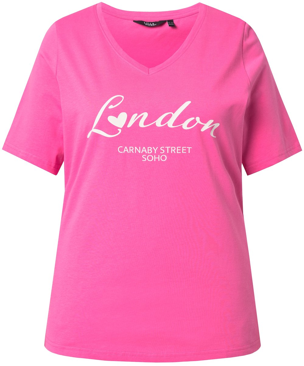 Ulla Popken - Dames - T-shirt City-tekst Slim V-hals korte mouwen - Roze - Maat 54+
