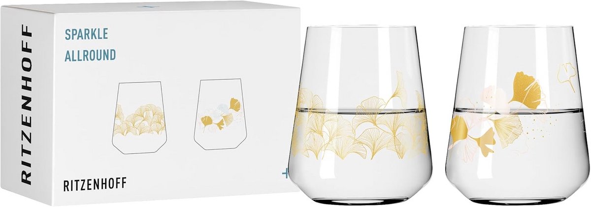 Universele Kristalglazen Set van 2 - 500 ml - Goud Ginko Motief - Vaatwasmachinebestendig