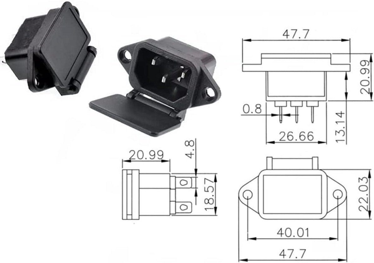 IEC C14 Stekker voor Paneelmontage - Soldeerverbinding - 10A 250V met Beschermkap