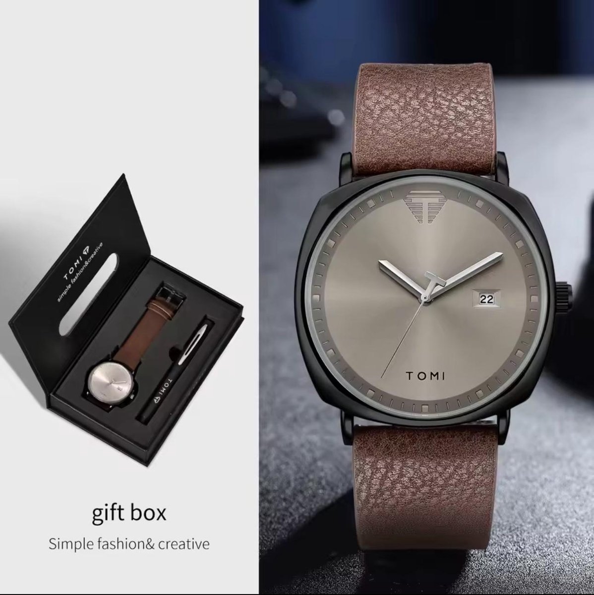 TOMI Nieuwe 2 STKS Luxe Zakelijke Mannen Horloge Geschenkdoos Set Eenvoudige en Casual Mannen Kalender Quartz Horloge Pen Reloj Mannen Vakantie Cadeau