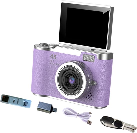 Ynkkvre – 4K Digitale Camera – 4K Ultra HD CCD Digitale Camera – Denver Digitale Camera Full HD – Selfiecamera – 48 Megapixel Lens – 2.4-inch Draaibaar Scherm – 8x Digitale Zoom – Compleet Accessoirepakket – Paars