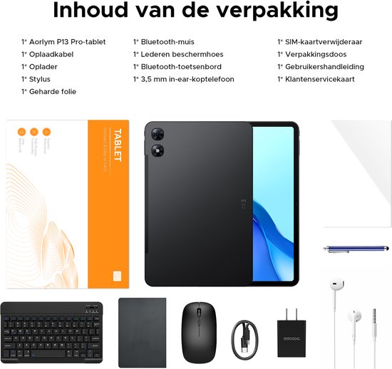 Aorlym P13 Pro - Tablette - 12 GB RAM + 256 GB ROM (2 TB/TF) - Tablette FHD+ 13,4 pouces 120 Hz - Android 16 - UNISOC T7280 - 12000 mAh - 4G LTE - Wi-Fi 5 - Bluetooth 5.0 - Clavier, souris, stylet et étui inclus - Double haut-parleurs - Zwart