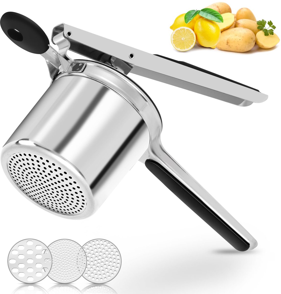 Aardappelstamper, robuuste aardappelstamper, grote aardappelstamper van roestvrij staal met ergonomische handgreep, maakt efficiënt luchtige aardappelpuree.
