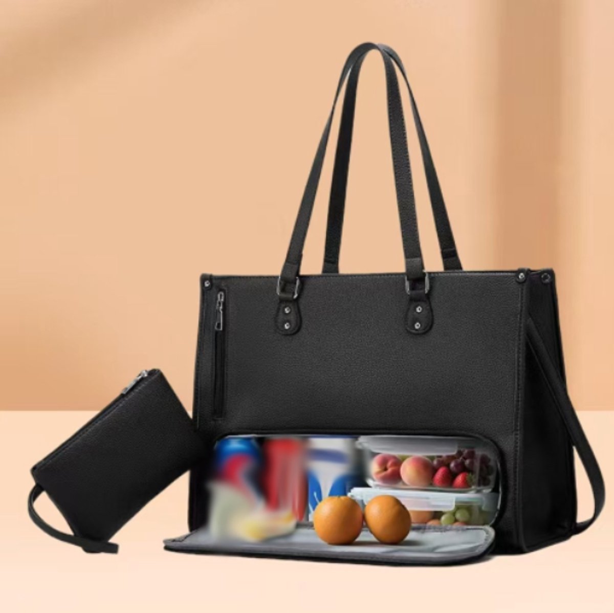 Dames lunchtas, laptoptas met lekvrij lunchboxvak, waterdichte laptoptas met grote capaciteit en portemonnee, geschikt voor dagelijks gebruik, kantoor, picknicks, werk en vrijetijdskleding, zwart.