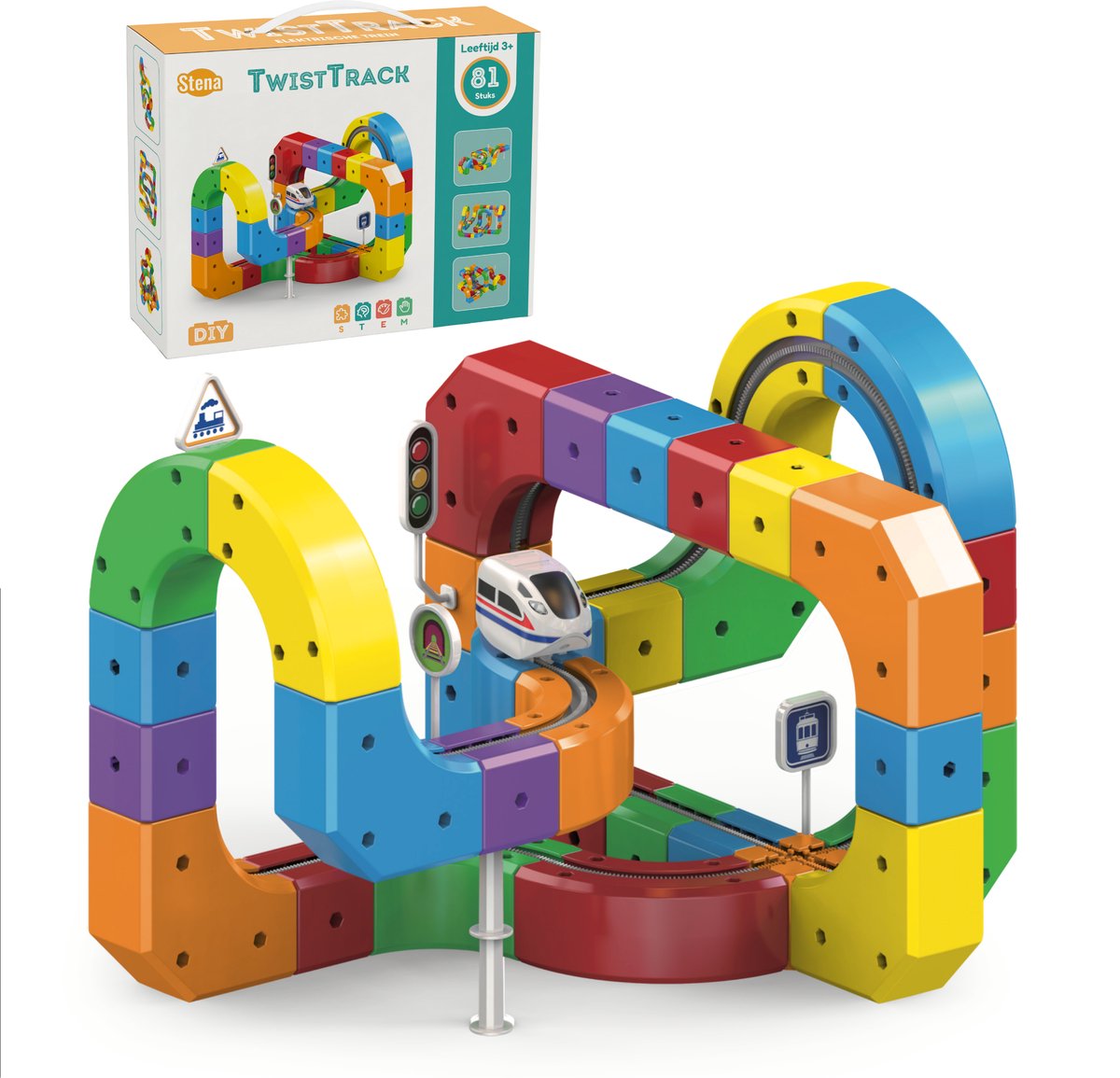 TwistTrack Elektrische Treinbaan – 81-delig – DIY – Educatief/Montessori Speelgoed – STEM - Cube Track – Stimuleert Fijne Motoriek – Speelgoed 3/4/5/6 jaar