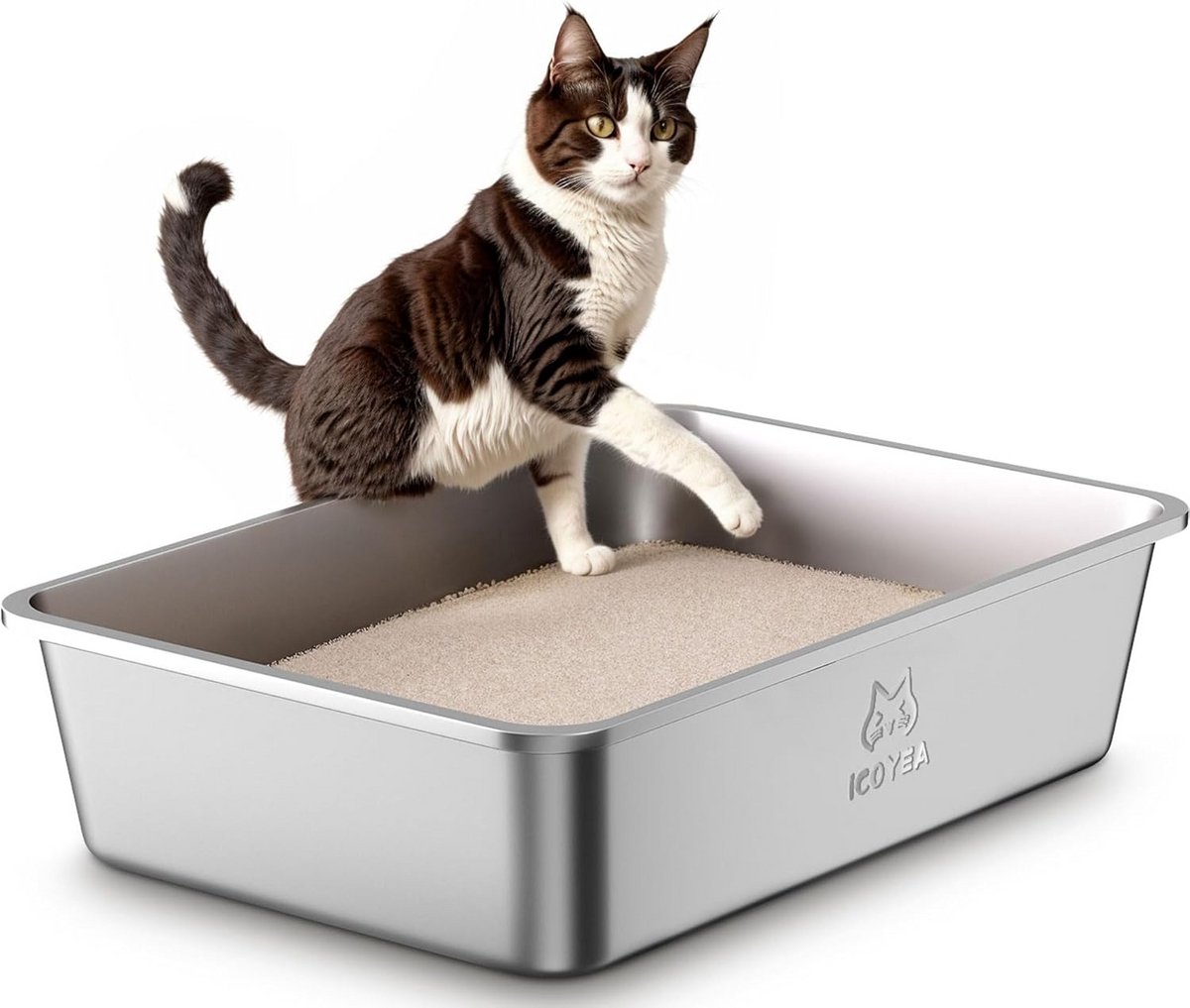 Kattenbak van roestvrij staal met hoge randen voor optimale hygiëne en comfort voor huisdieren