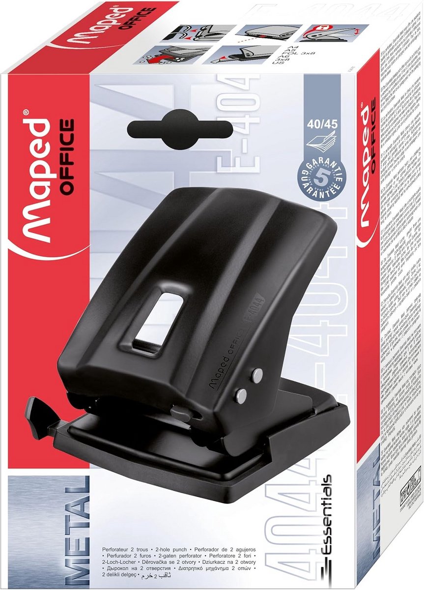 Essentials Metal Perforator 2-Gaten voor Office - Hoogwaardige 40/45 Vel Prestaties met 5 Jaar Garantie - Zwart