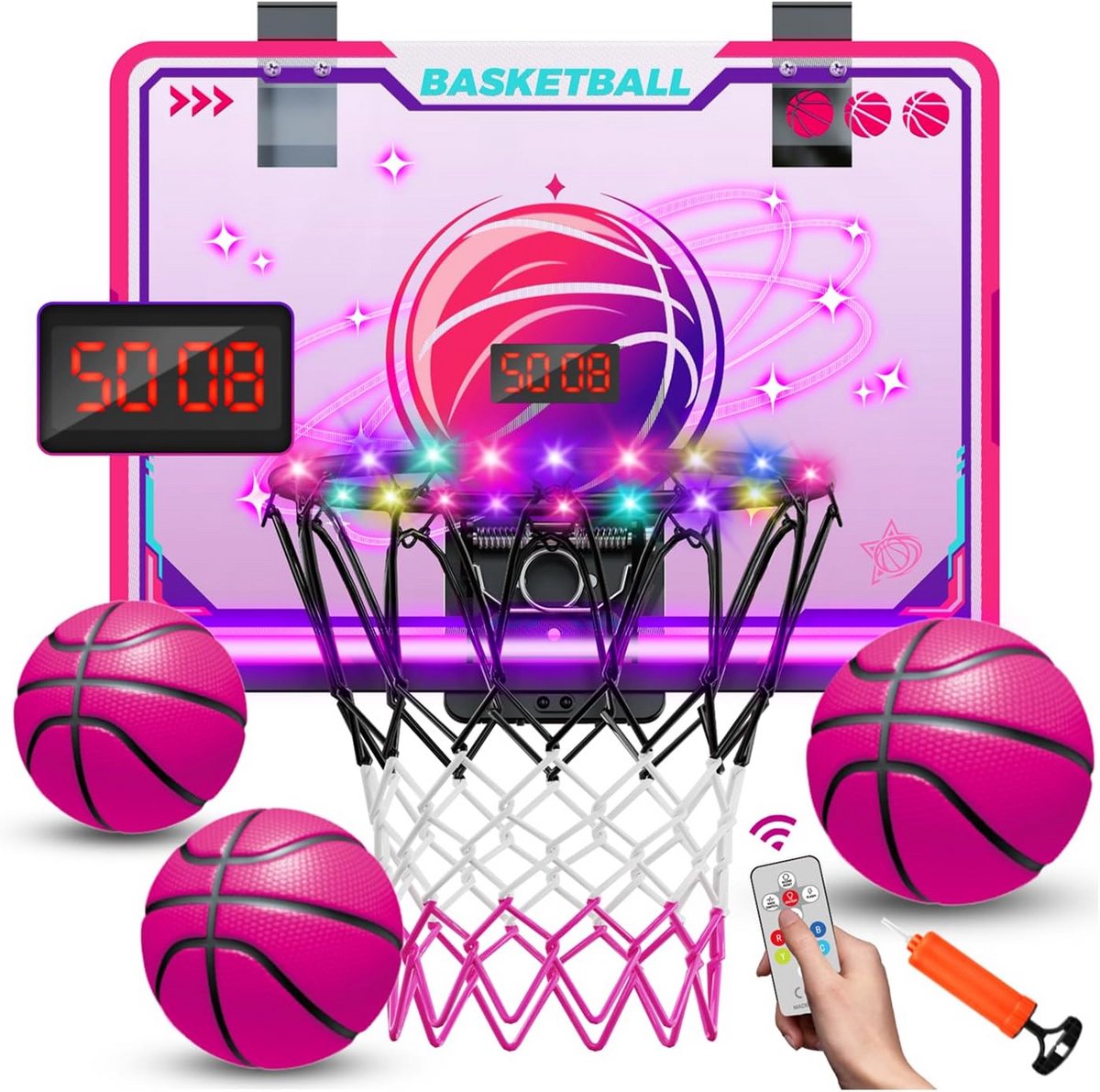 Roze basketbalring met elektronisch scorebord en afstandsbediening voor kinderen, 7 kleuren lichten, indoor basketbalset voor 5-12 jaar