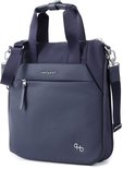 Donkerblauwe Hedgren verticale totebag met logo, hengsels en schouderband.