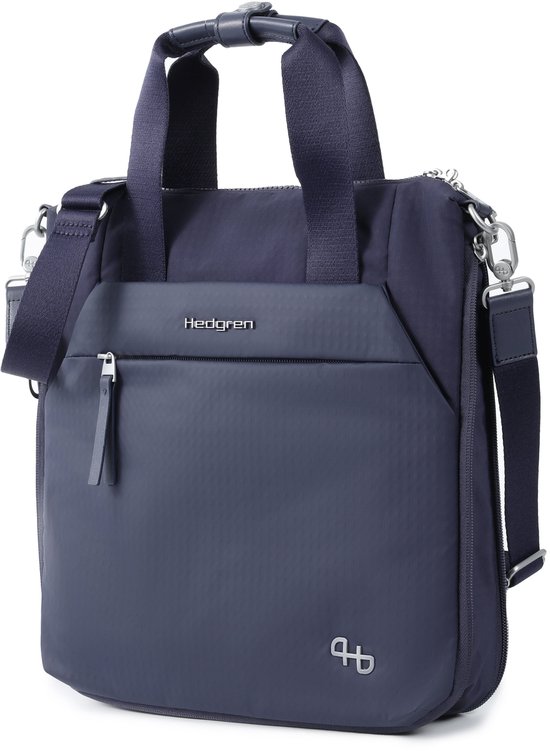 Donkerblauwe Hedgren verticale totebag met logo, hengsels en schouderband.
