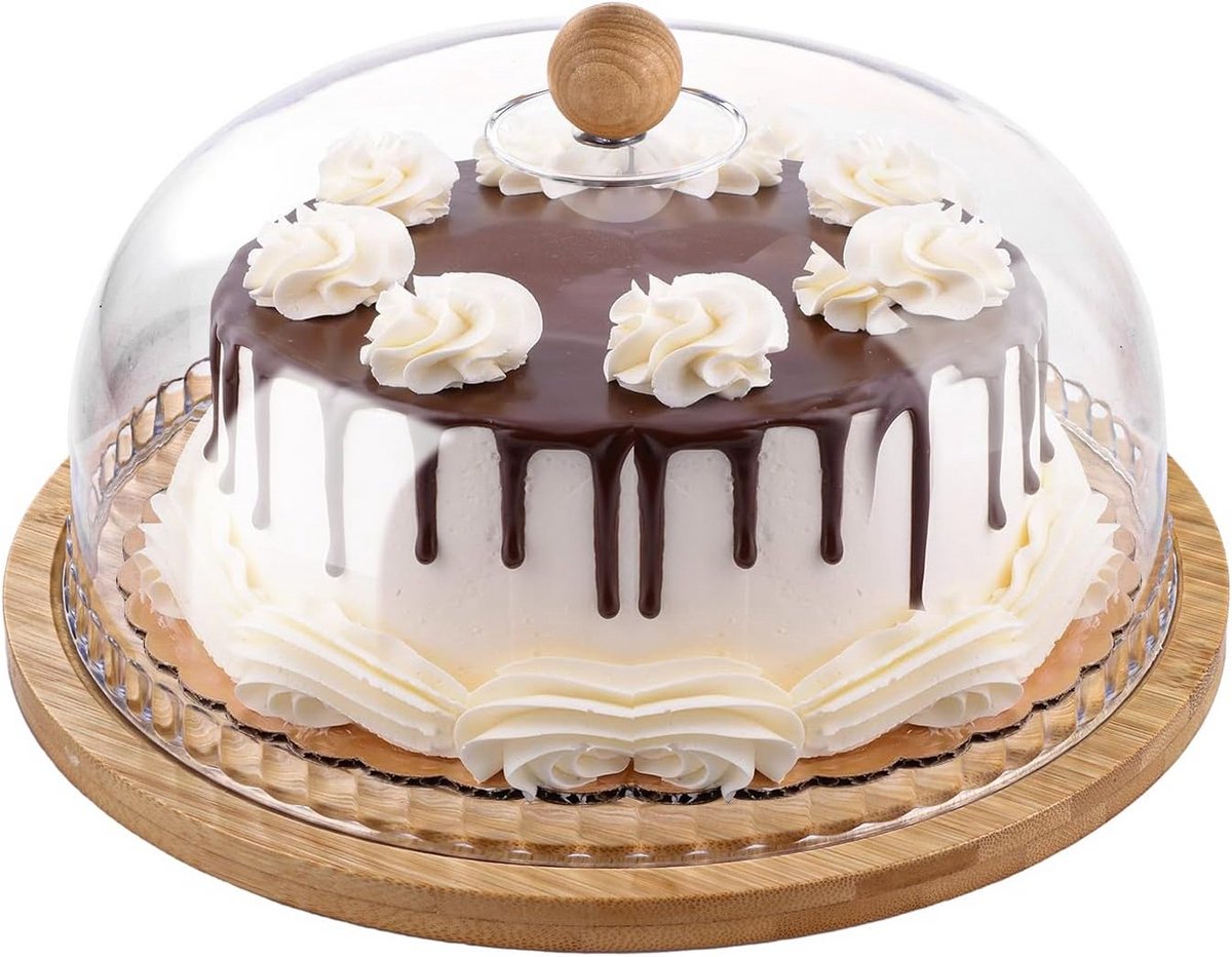 Taartstandaard met Koepeldeksel - Houten Basis & Acryldeksel voor Taarten en Desserts