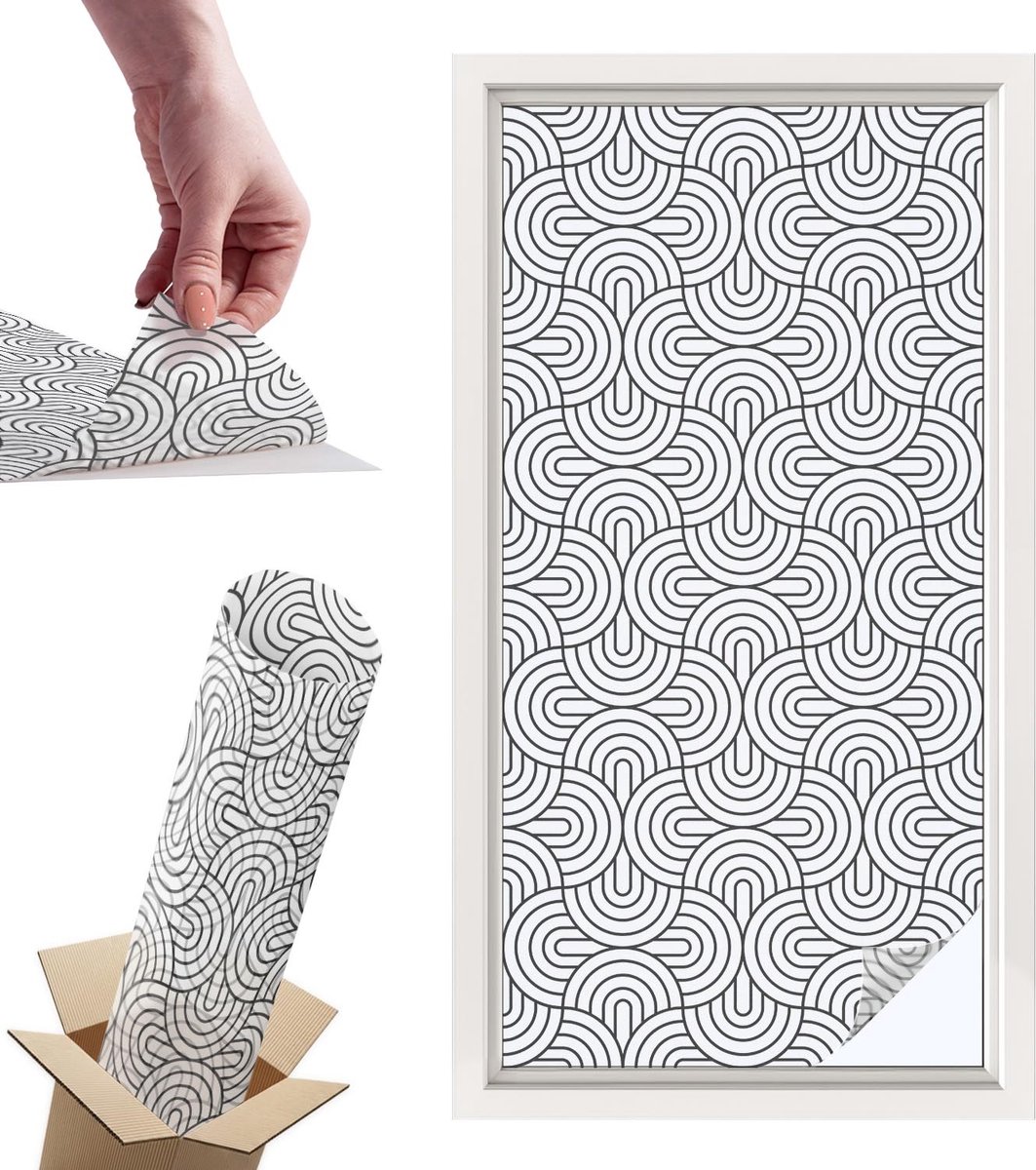 Tulup Raamfolie Anti inkijk - Geometrische halve cirkels Privacy Folie Raam - 50x100 cm - Zwart-wit Anti inkijk Folie - Raamfolie Tegen inkijk Glas in Lood - Voor de woonkamer, voor het kantoor, voor de slaapkamer - Raamfolie Zonwering
