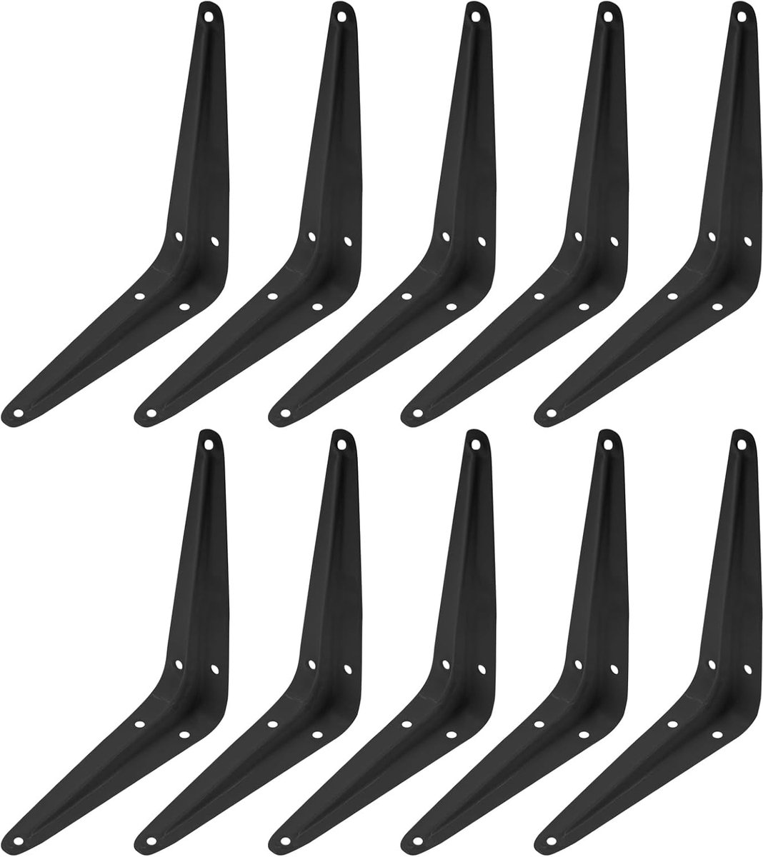 10-delige, robuuste zwarte metalen hoekbeugels voor planken (10*12 cm) met schroeven, geschikt voor wandmontage en ondersteuning.