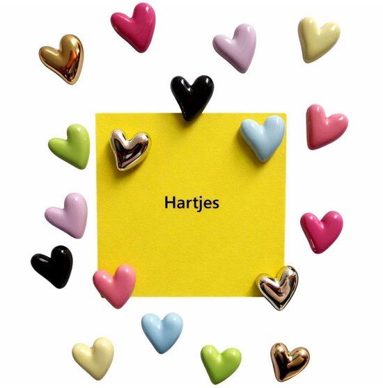 Zestien hartjes magneten in diverse kleuren rond een geel vierkant met "Hartjes".