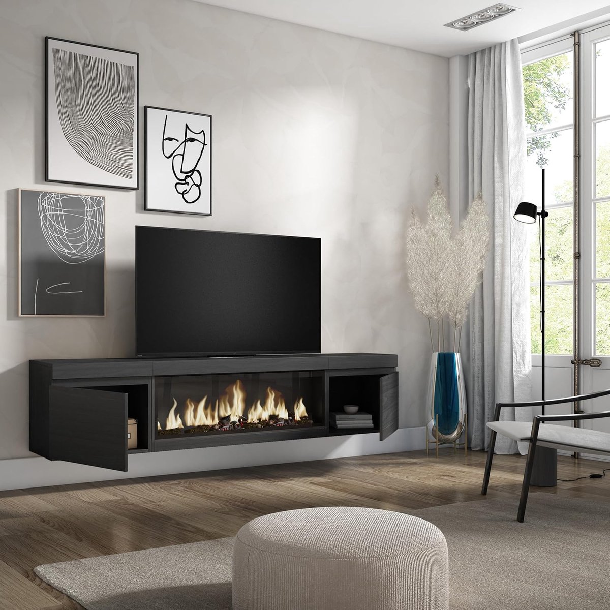 TV-meubel met elektrische haard XXL 210 cm – Urbanhome NoirFlame Wall – Hangend lowboard voor tv tot 80 inch – 3D LED vlameffect – Afstandsbediening – Modern wandmeubel – Zwart