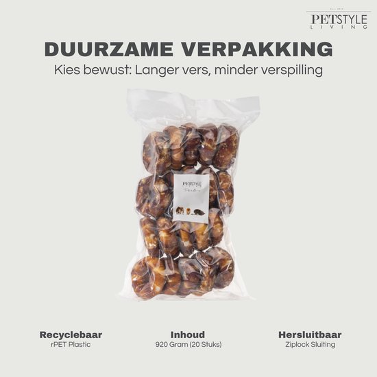 Verpakking van 20 gedroogde eendenhuid donuts, 920 gram, met hersluitbare ziplock.