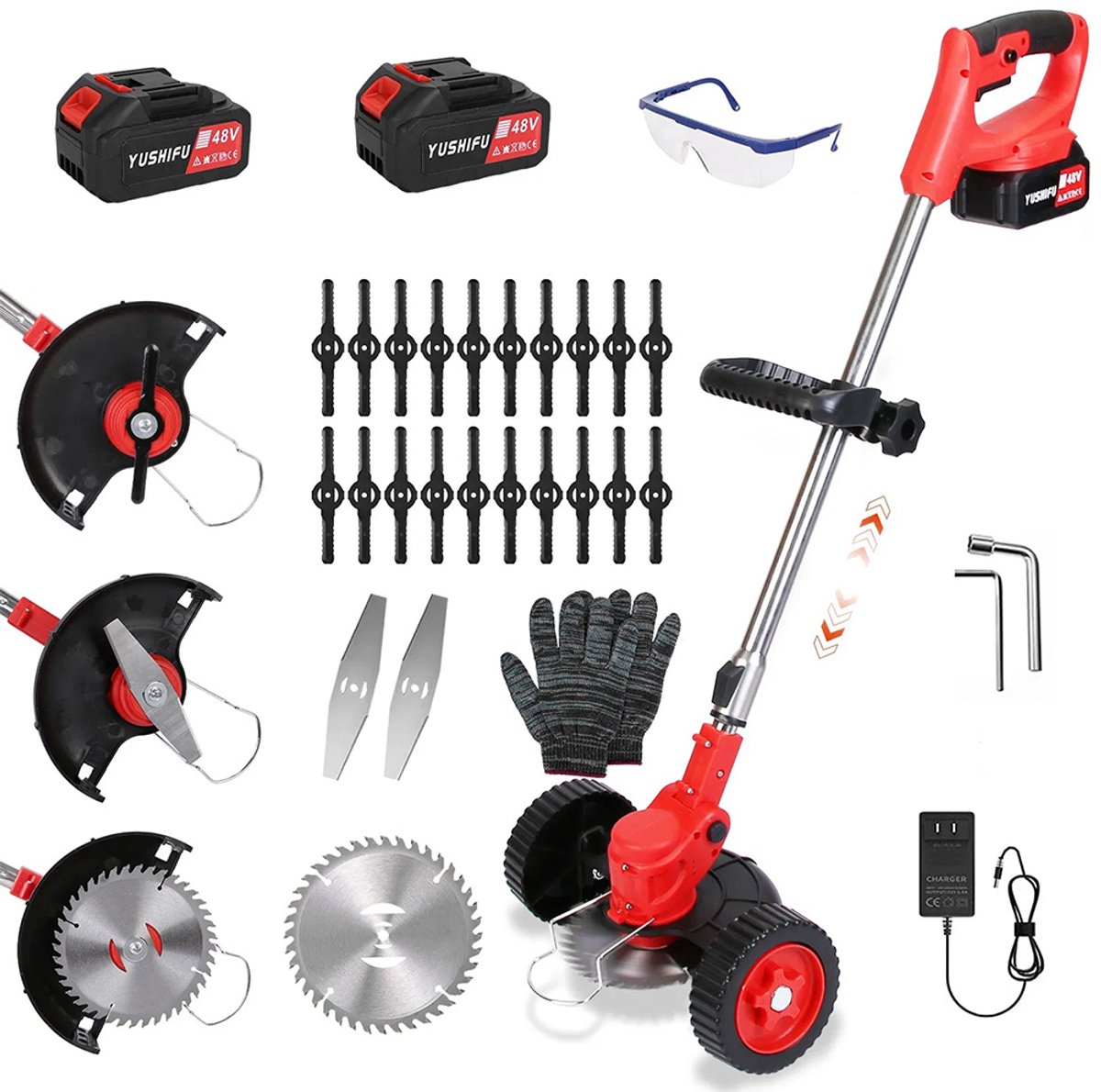 Homtas 3-in-1 Kantenmaaier – Grastrimmer – Bosmaaier – Grasmaaier – Draadloos & Elektrisch – Incl. 2 Accu ‘s & Snellader – met wielen -rood