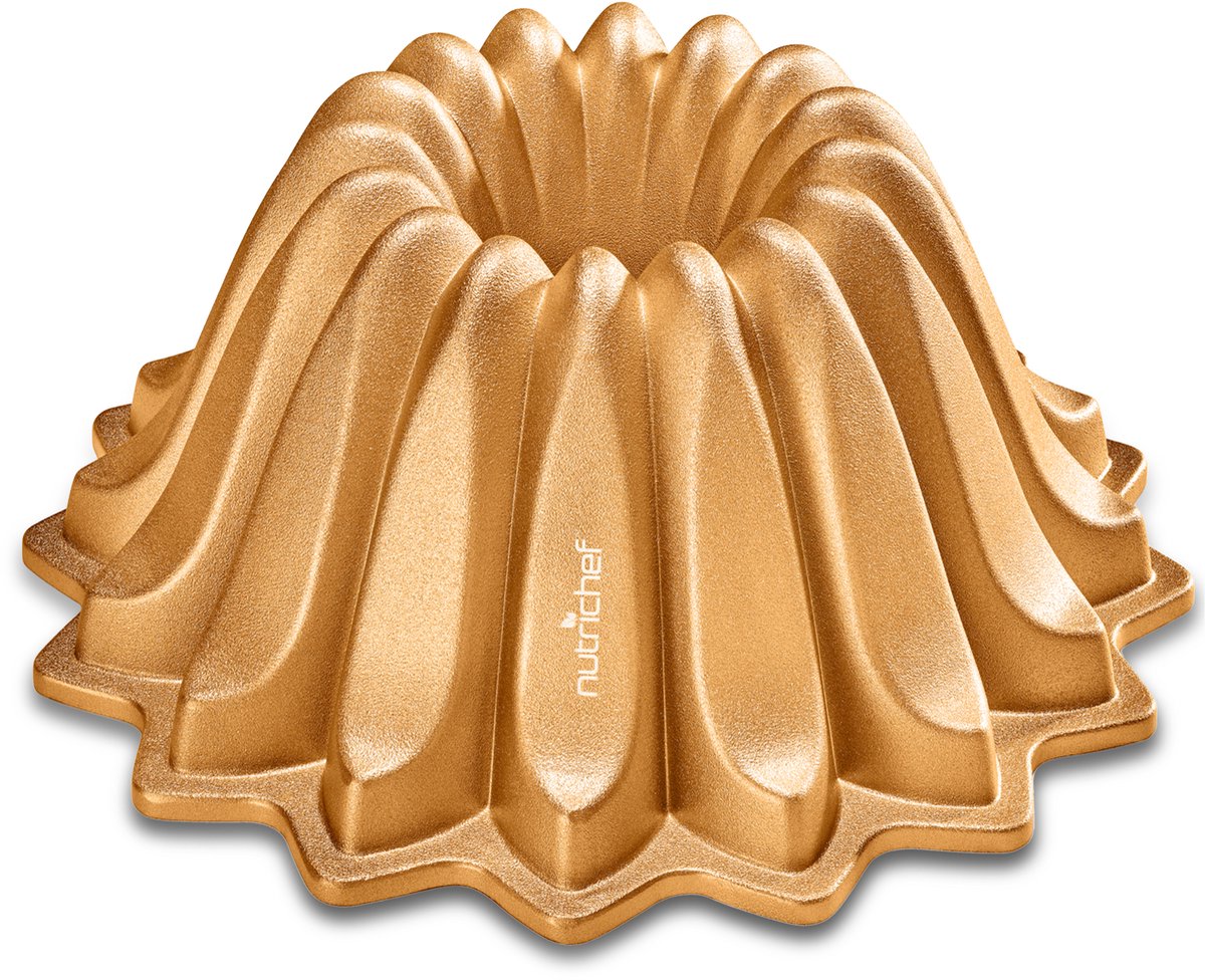 NutriChef Taartvorm Bundt Pan - Premium Gietaluminium - Antikleeflaag - 9 inch Diepgebakken Vorm - Gouden Kleur - Geschikt voor Tulband Cakes