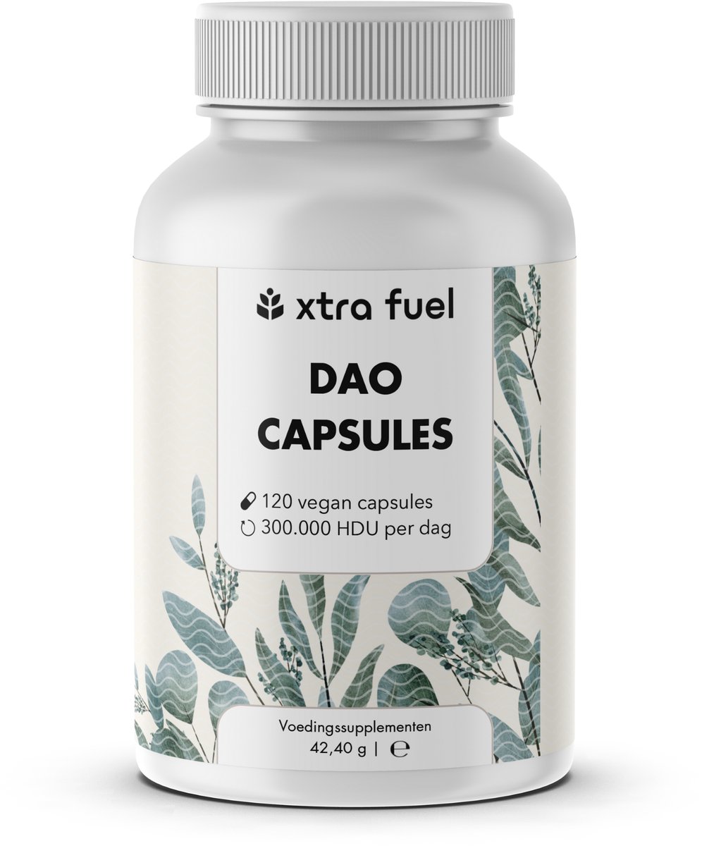 XTRA FUEL DAO-capsules – 120 stuks (hooggedoseerd) – 300.000 HDU per dagdosering – DAO-enzym uit erwteneiwit – vegan & laboratoriumgetest