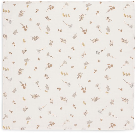 Witte hydrofiele doek met bruine print van konijnen, kuikens, bloemen en takjes.