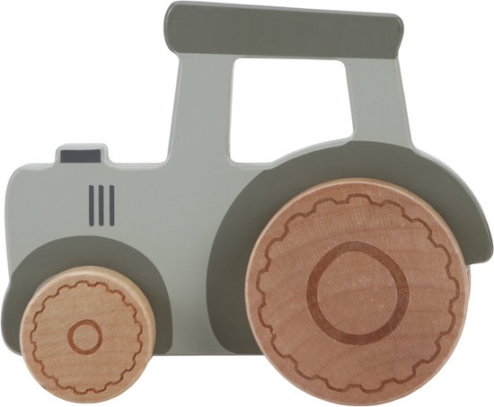 Lichtgroene houten tractor speelgoed met houten wielen.