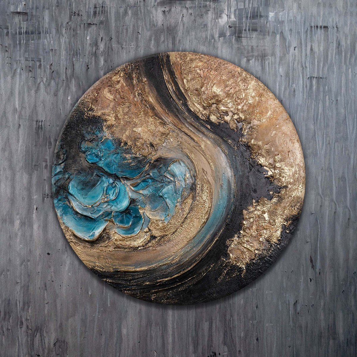 YS Rond canvas schilderij ⌀60 cm handgeschilderd glinstering eeuwigheid abstract – YS-Art Gallery – Mysterieuze wanddecoratie voor woonkamer en hal Round