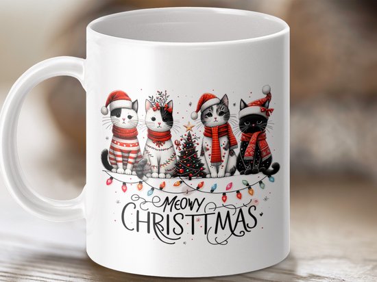 Mok Merry Christmas Katten Mok, Kerst Mok, Kattenliefhebber Cadeau, Feestdagen Mok, Kat Kerstboom, Katten in Sjaals, Kerstcadeau Idee