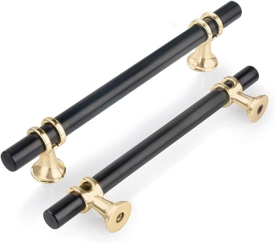 6 Stuks Keukenkast Handvatten - Zwart met Gouden Basis T Bar Handgrepen