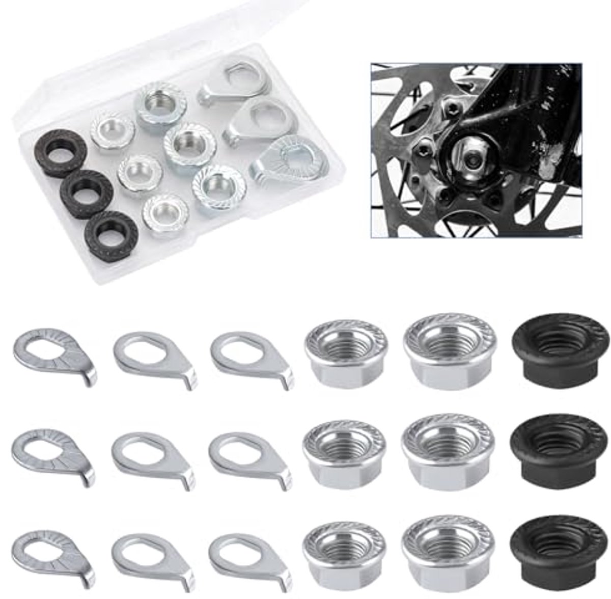 18pcs Bicycle Wheel Axle Nut and Bicycle Hub Safety Ring Set, M8 M9.5 M10 Bicycle Hub Flanged Axle Nut Bicycle Parts for Mountain Bike Front and Rear Wheel Axle thumbnail 4