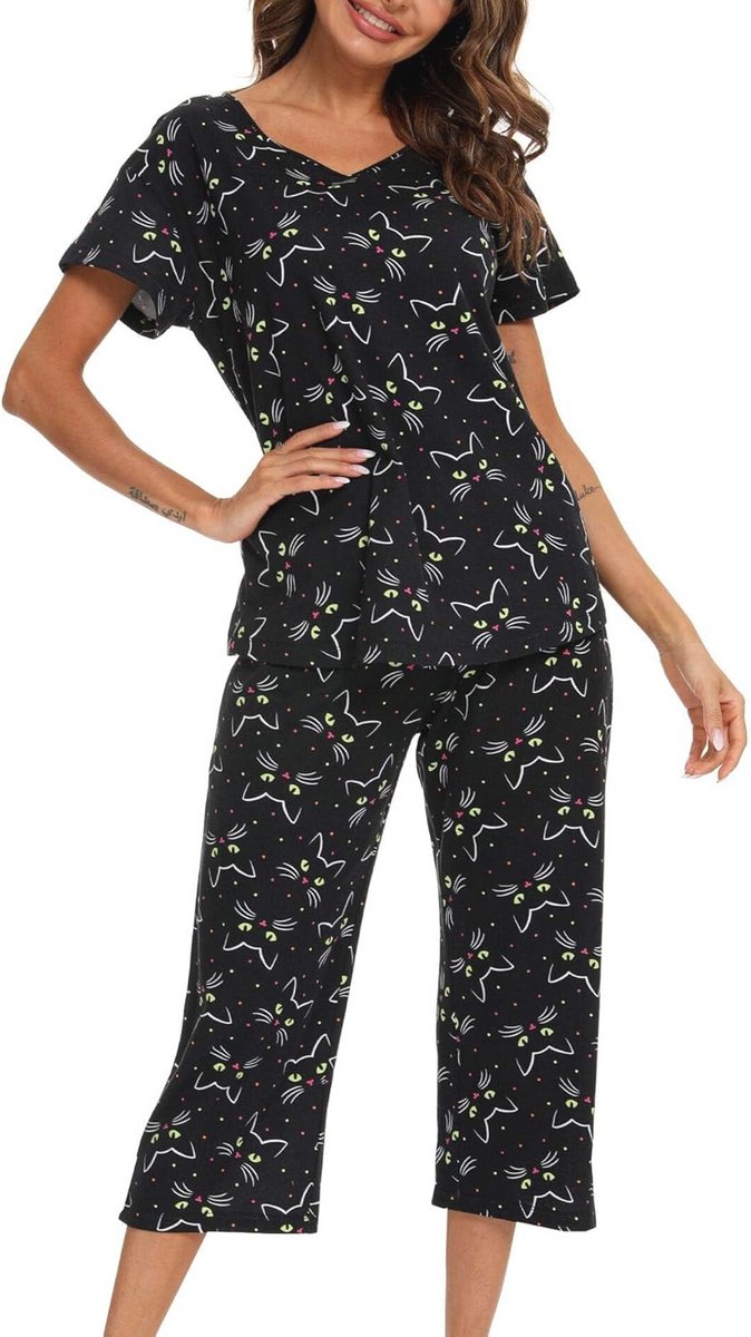 Dames Pyjama Set Korte Mouwen T-Shirt en 3/4 Broek Zachte Loungewear