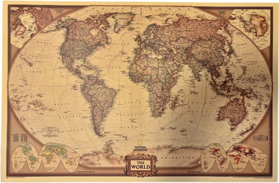 Vintage Wereldkaart - Landkaart - Schoolkaart - Schoolplaat - Retro - Eyecatcher - 75 x 50 CM - National Geographic - Wanddecoratie - Kwaliteit - Design - Poster