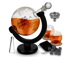 Golermo Luxe Whiskey Globe Giftset – Decanter + 2 Whiskeyglazen + 9 Koelstenen + Houten Standaard – Whiskey Karaf – Geschenkset – Giftbox
