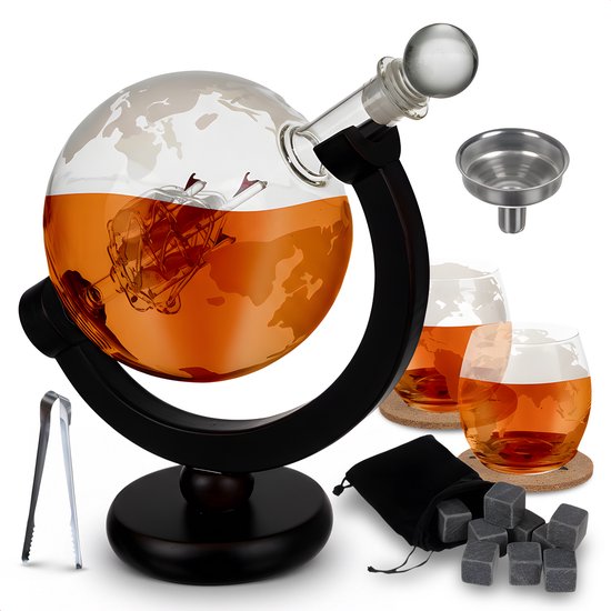 Golermo Luxe Whiskey Globe Giftset – Decanter + 2 Whiskeyglazen + 9 Koelstenen + Houten Standaard – Whiskey Karaf – Geschenkset – Giftbox