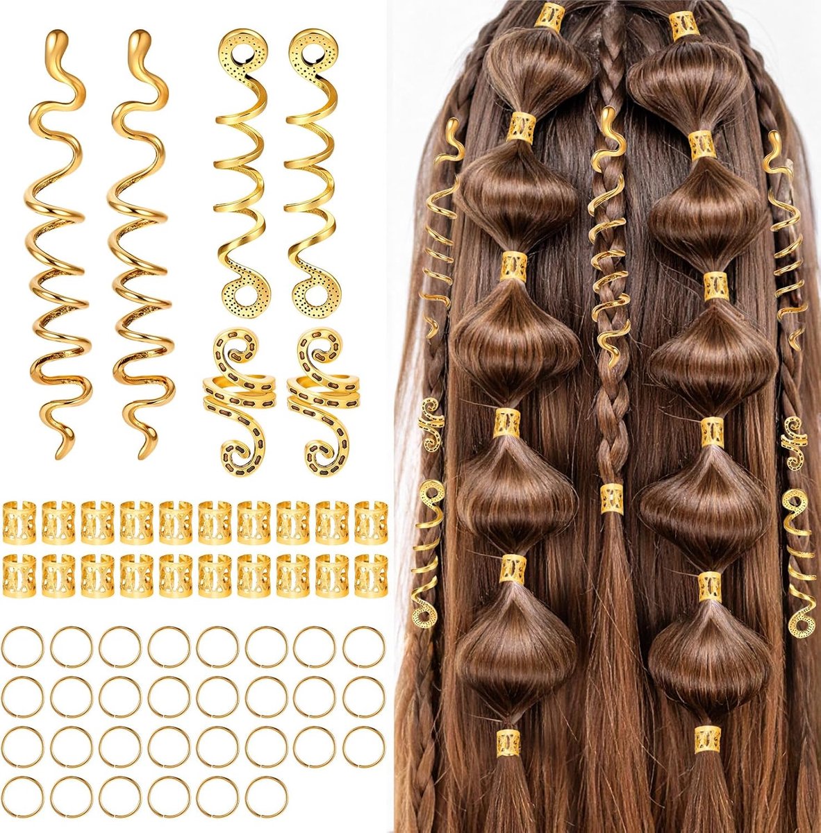 56pcs Haaraccessoires - Gouden Dreadlocks Sieraden - Piraten Haaraccessoires Festival Gouden Haarringen voor Vlechten - Loc Sieraden Vlechten Verstelbare Mouwen Haar Dreadlock Accessoires
