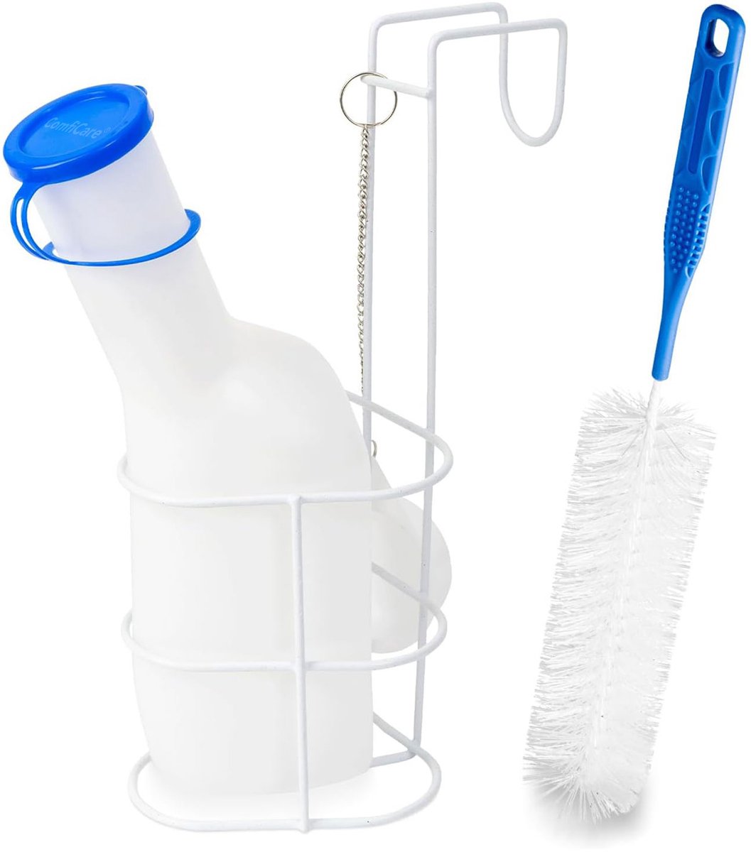 ComfiCare® Urinaalset voor mannen met urinaalhouder en schoonmaakborstel - Urinefles - Plasfles heren - Urinaal mannen met deksel - Semi-transparant met blauw dop