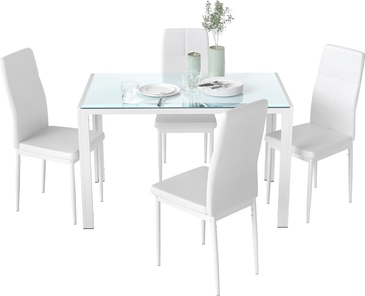 Eettafelset voor 4 Personen met Stoelen, Rechthoekig Glas en Metalen Frame, Ideaal voor Keuken en Woonkamer