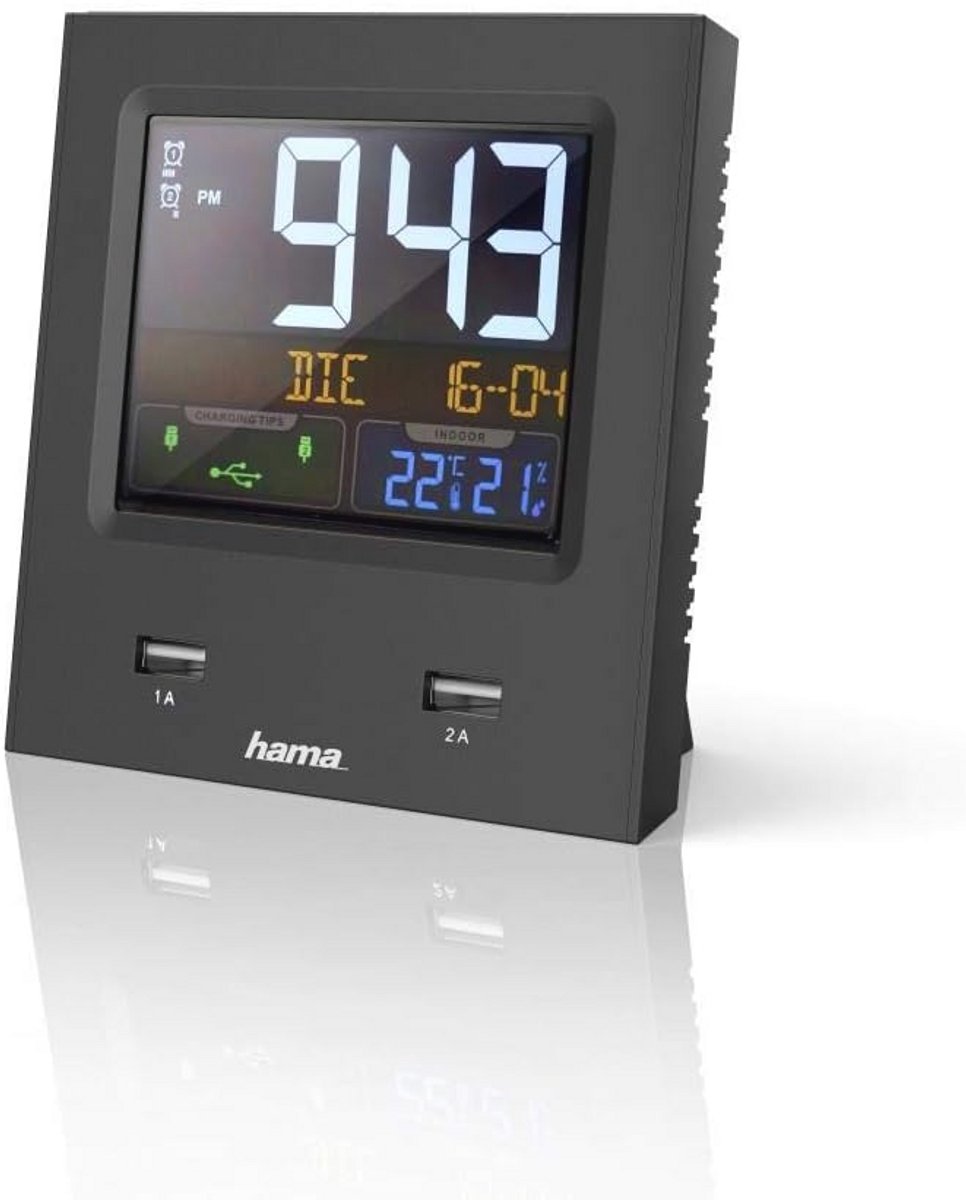 Digitale wekker met dubbele USB-oplaadfunctie, snelheidsalarm, 2 wektijden, binnentemperatuur en luchtvochtigheid