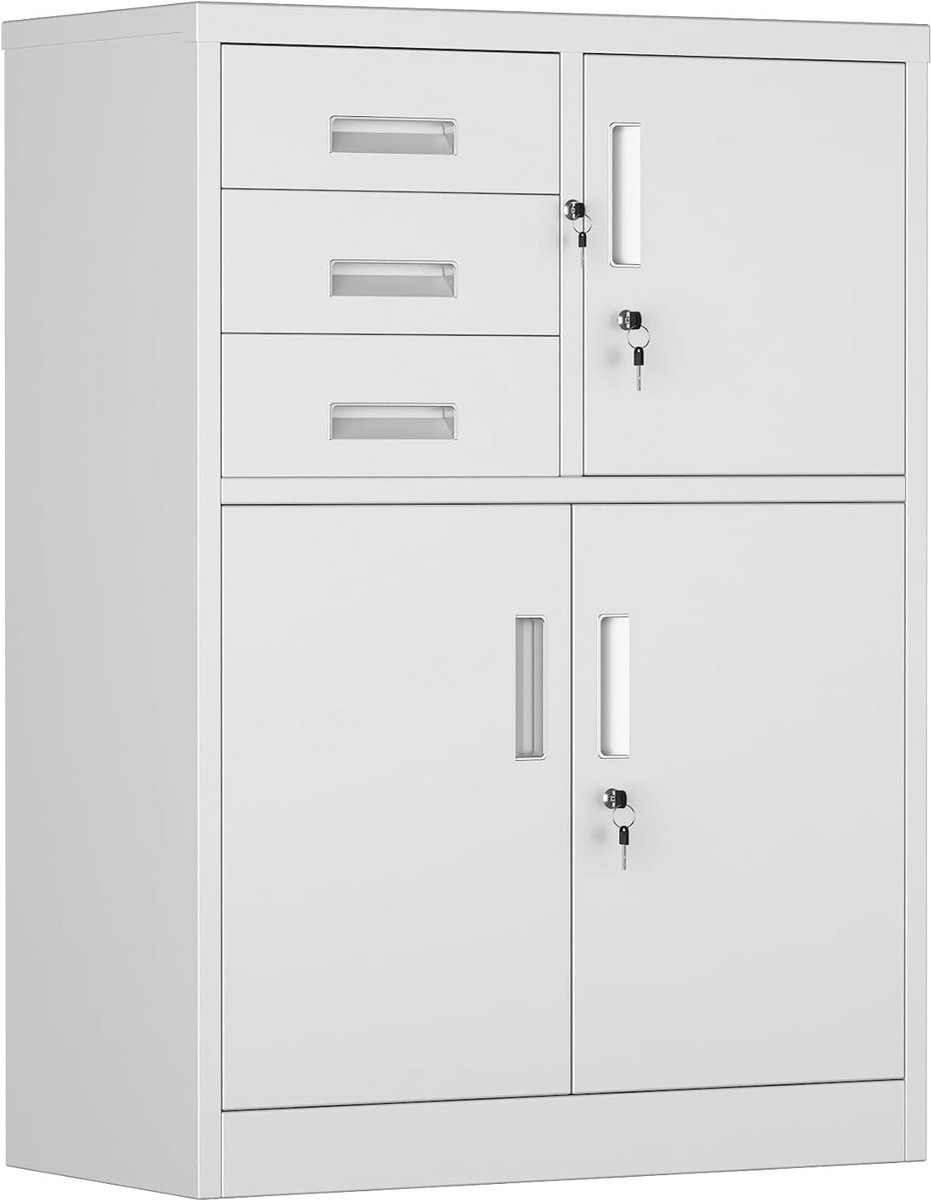 Archiefkast met drie laden - metalen magazijnkast voor kantoor en gereedschap (110 x 80 x 40 cm)