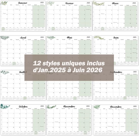 Magnetische kalender met 12 maandenplanners van januari 2025 tot juni 2026, met bladeren.
