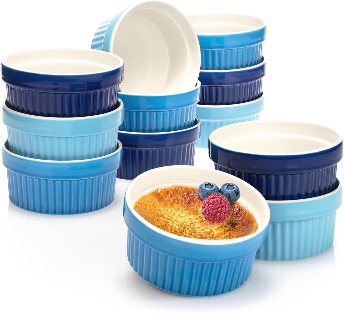 Keramische Souffléschaal - Ovenbestendige Dessert- en Banketschaal - Set van 12 x 270 ml - In Diverse Blauwe Kleuren