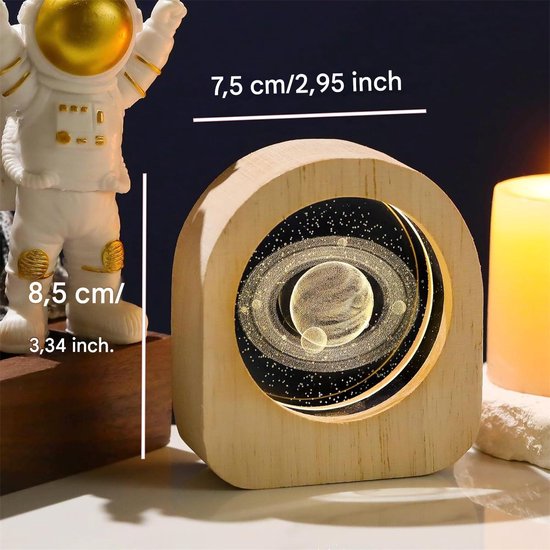 Ynkkvre -Saturnus 3D Kristallen Nachtlamp - K9 Kristal met Houten Basis - Galaxy Planeet LED Nachtlicht - Astronomie Decoratie & Cadeau voor Kinderen en Volwassenen van Ynkkvre — afbeelding 3