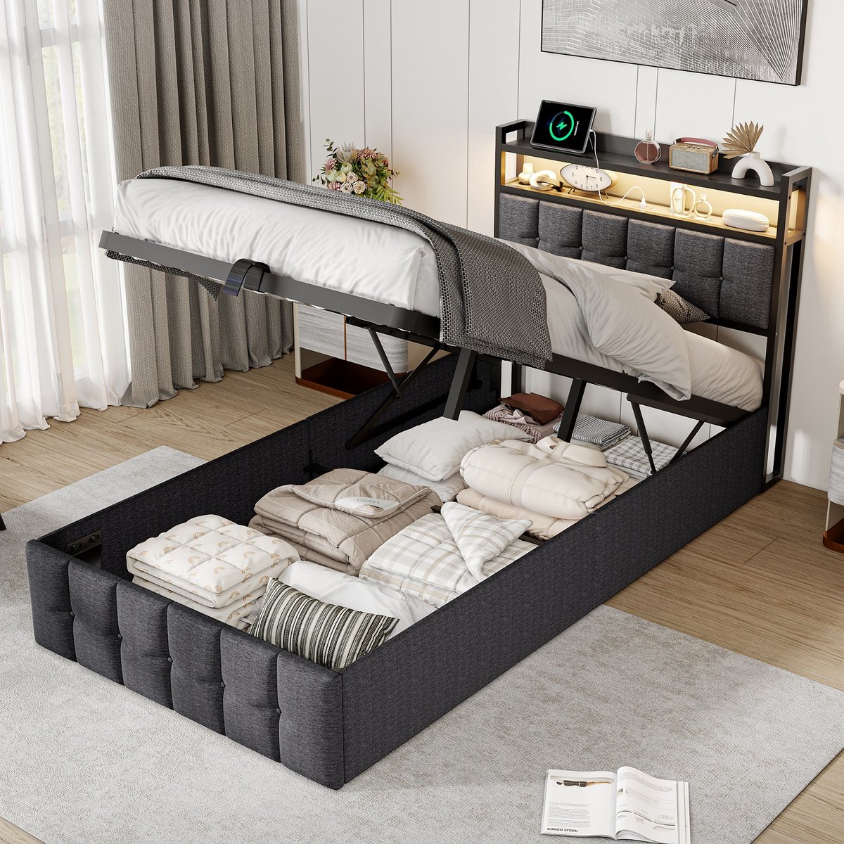 Kinderbed, gestoffeerd, 90 x 200 cm, hydraulisch opbergbed met ledverlichting, jeugdbed met 2 USB- en 1 Type-C-aansluiting, eenpersoonsbedframe met houten lattenbodem, linnen stof, zonder matras (Grijs, 90 x 200)