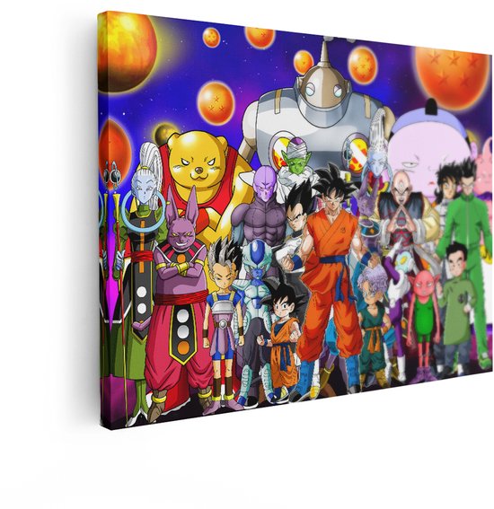 Canvas schilderij met een groep Dragon Ball Z personages, op een witte achtergrond.