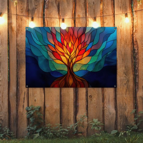 Tuinposter 120x80 cm - Tuindecoratie Sierglas - Boom - Rood - Vlakken - Poster voor in de tuin - Buiten decoratie - Schutting tuinschilderij - Tuindoek muurdecoratie - Wanddecoratie balkondoek