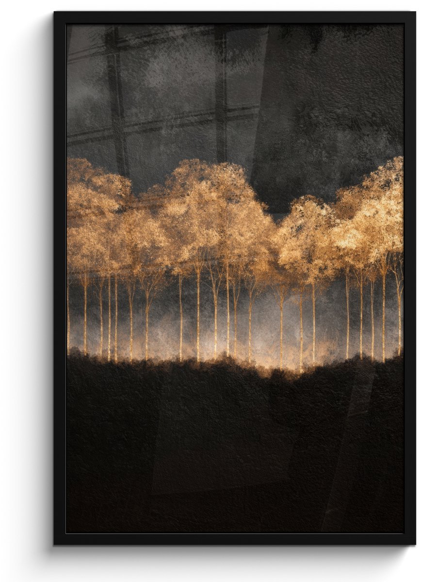 FrameYourWall Poster in lijst - Fotolijst 60x90 cm - Posters - Gouden Bomen in Mistig Landschap - Posterlijst zwart - Decoratie - Wanddecoratie woonkamer - Muurdecoratie slaapkamer Bomen - Mist - Goud